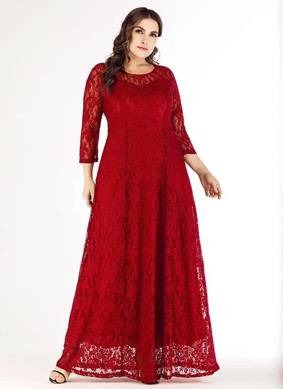 3/4 Sleeve Elegant Swing Curvy Lace Dresses Wholesale Plus Size Clothing