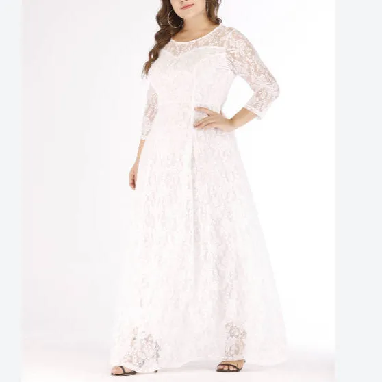 3/4 Sleeve Elegant Swing Curvy Lace Dresses Wholesale Plus Size Clothing