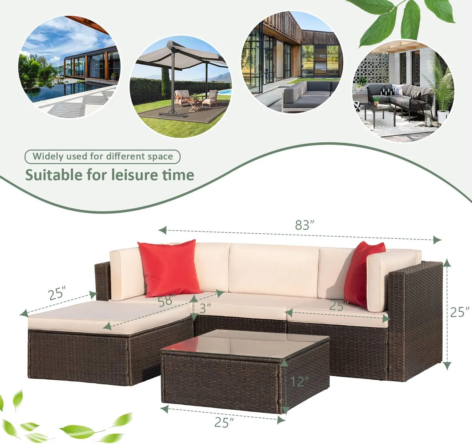 5 Pieces Patio Furniture Set, All Weather Outdoor Sectional Patio Sofa Manual Weaving Wicker Rattan Patio Seating Sofas with Cushion and Glass Table Beige