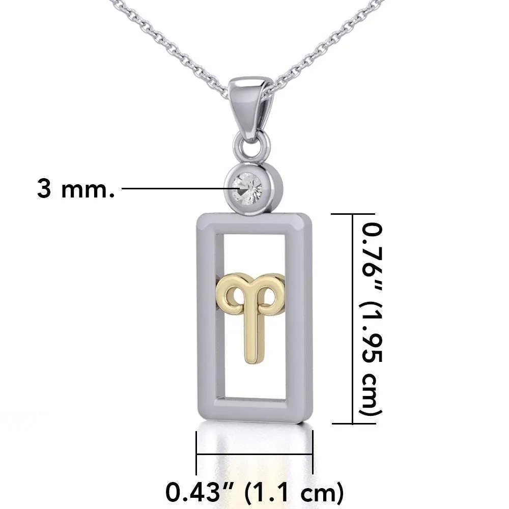 Aries Zodiac Sign Silver and Gold Pendant with White Stone and Chain Jewelry Set MSE784