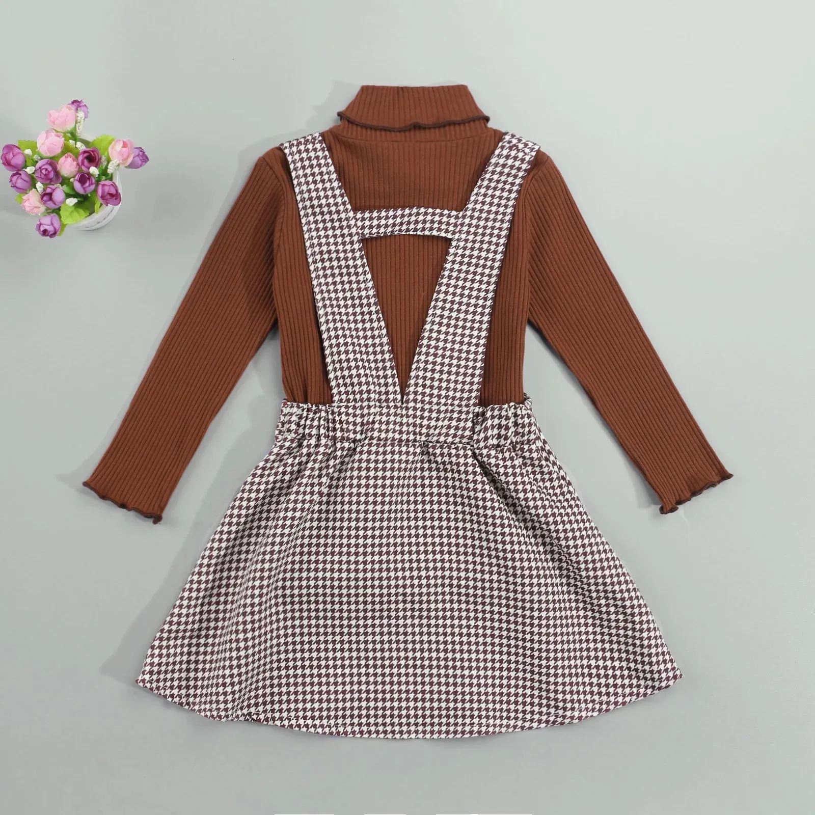 Autumn Chic Girls 2-Piece Turtleneck Top and Plaid Suspender Skirt Set for Kids 1-6Y