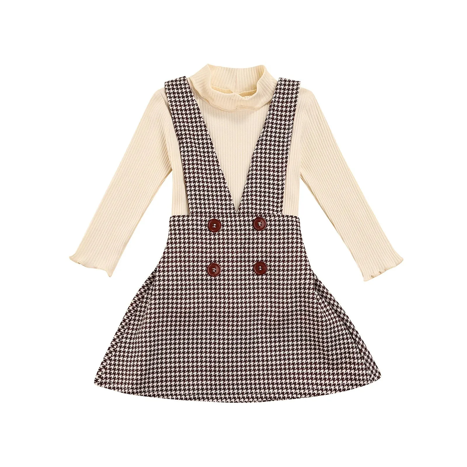 Autumn Chic Girls 2-Piece Turtleneck Top and Plaid Suspender Skirt Set for Kids 1-6Y