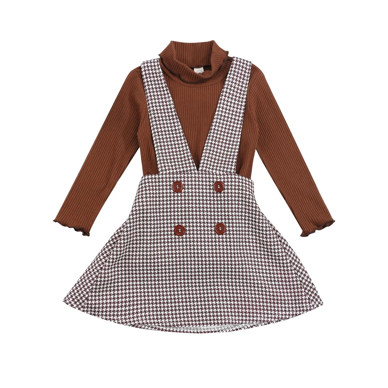 Autumn Chic Girls 2-Piece Turtleneck Top and Plaid Suspender Skirt Set for Kids 1-6Y