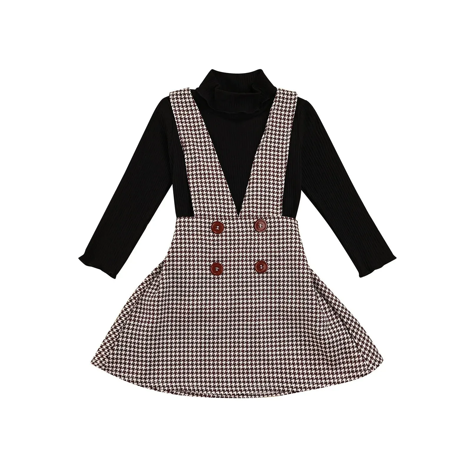 Autumn Chic Girls 2-Piece Turtleneck Top and Plaid Suspender Skirt Set for Kids 1-6Y