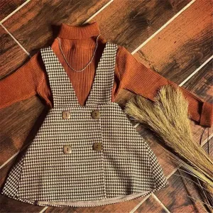 Autumn Chic Girls 2-Piece Turtleneck Top and Plaid Suspender Skirt Set for Kids 1-6Y