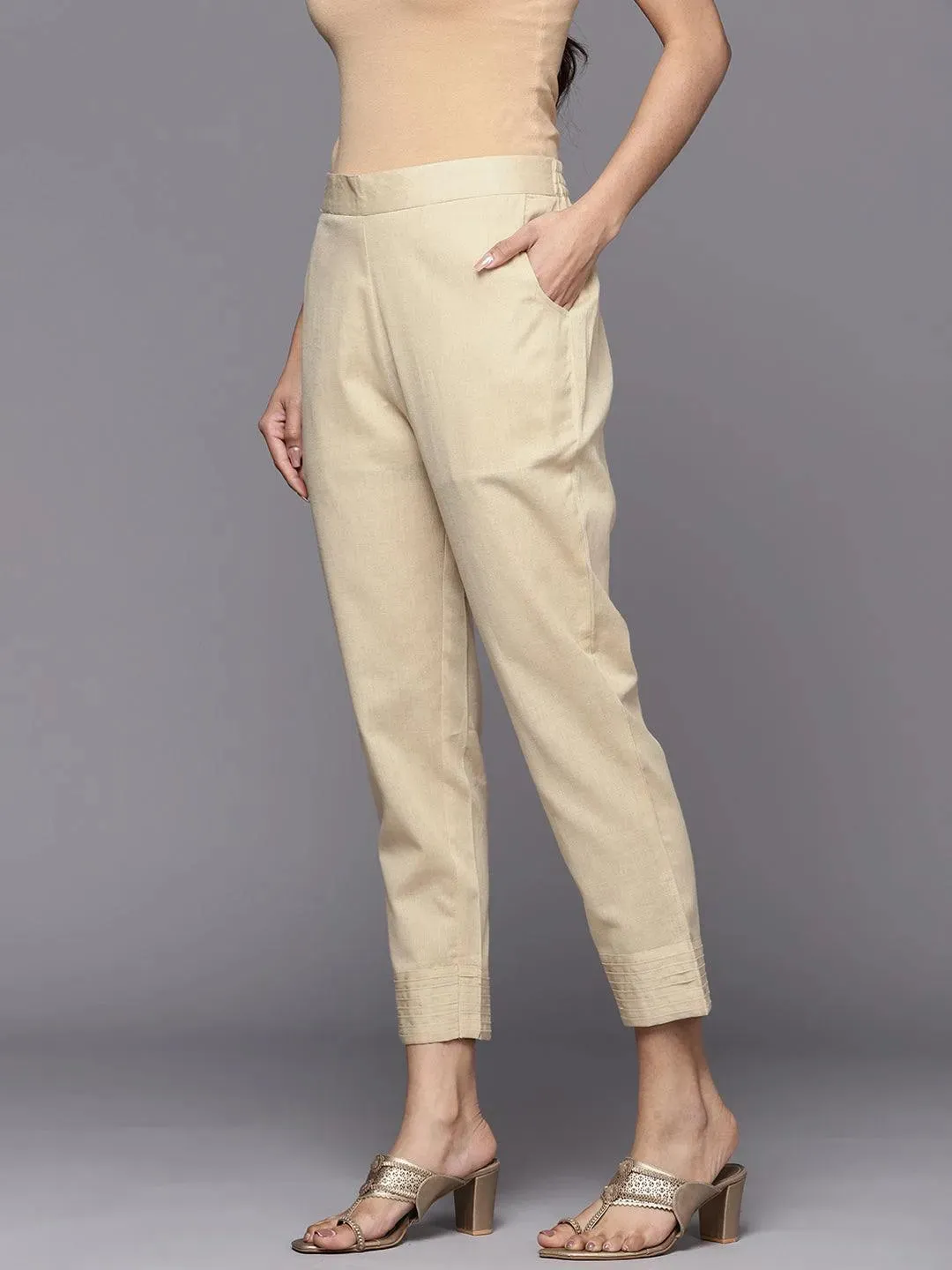 Beige Solid Cotton Trousers