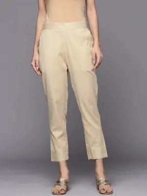 Beige Solid Cotton Trousers