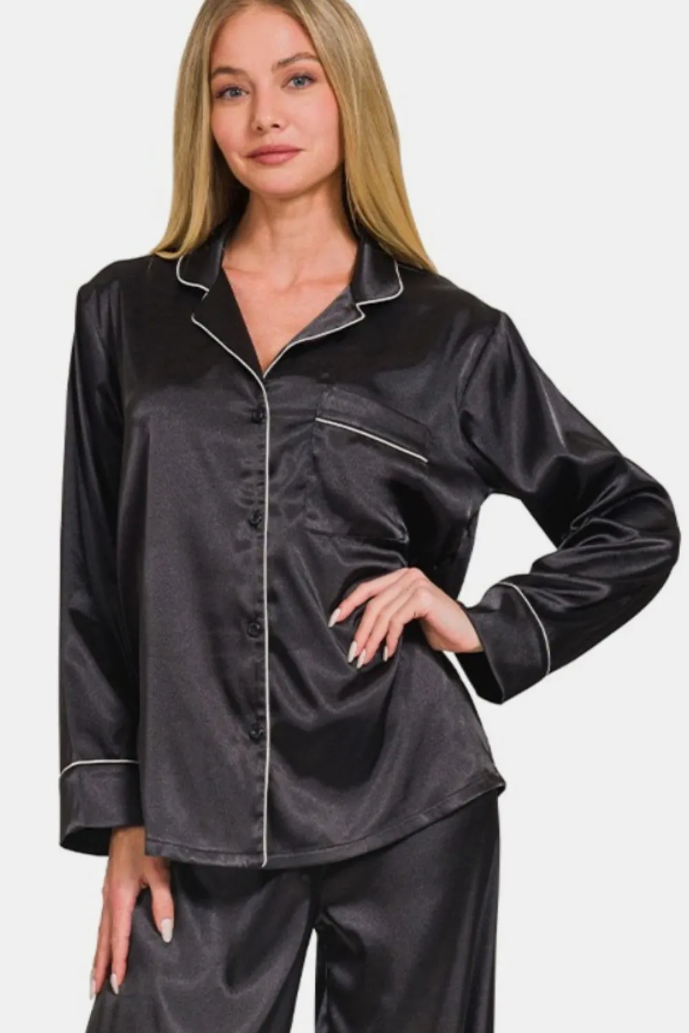 Black Satin Long Sleeve Shirt and Pants Pajama Set (Online Exclusive)