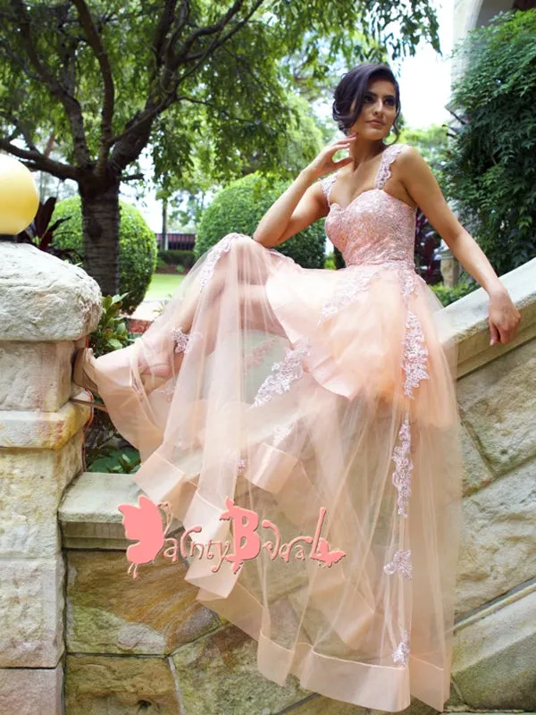 Blush Pink Lace Appliques See-through Tulle Bottom Sleeveless Sweetheart Neck Prom Dresses. DB1056