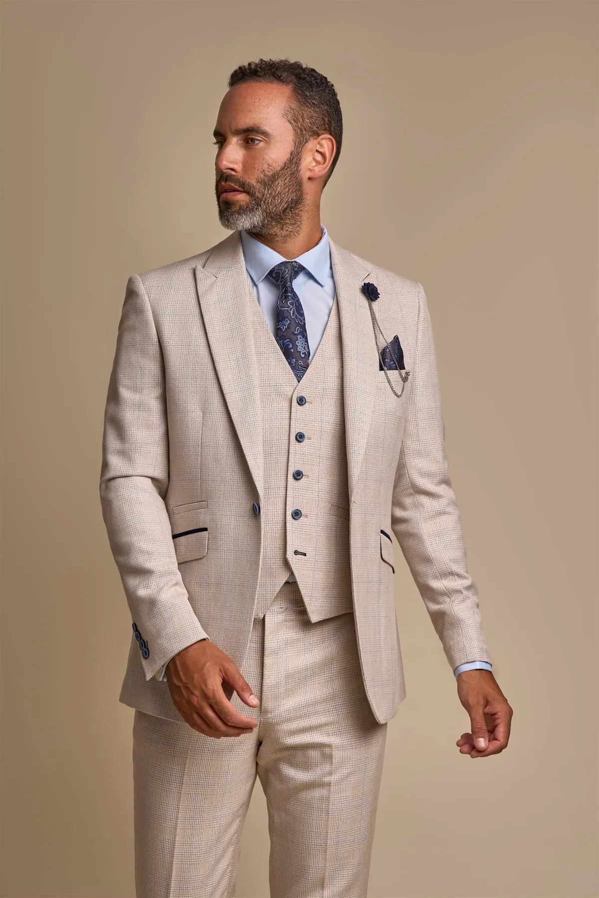 Caridi Beige Check Slim Fit Blazer