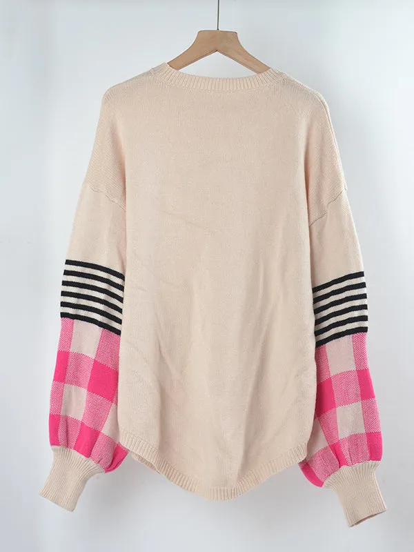 Casual Long Sleeves Loose Checkered Round-Neck Sweater Tops