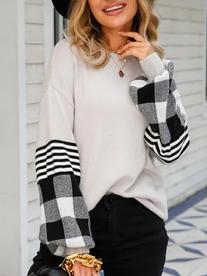 Casual Long Sleeves Loose Checkered Round-Neck Sweater Tops