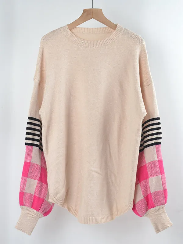 Casual Long Sleeves Loose Checkered Round-Neck Sweater Tops