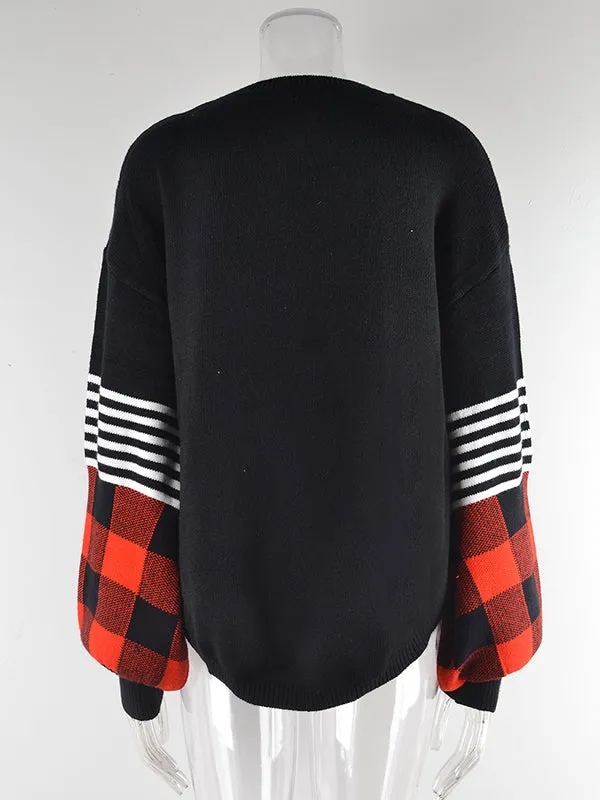 Casual Long Sleeves Loose Checkered Round-Neck Sweater Tops