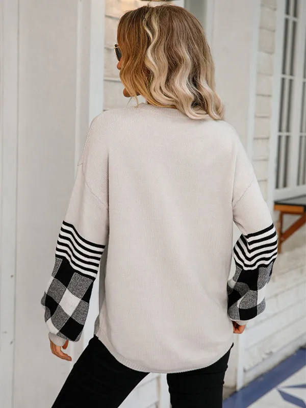 Casual Long Sleeves Loose Checkered Round-Neck Sweater Tops