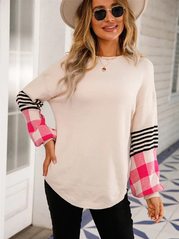 Casual Long Sleeves Loose Checkered Round-Neck Sweater Tops