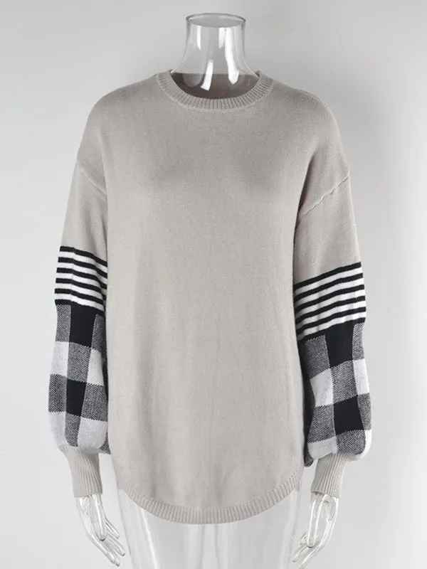 Casual Long Sleeves Loose Checkered Round-Neck Sweater Tops