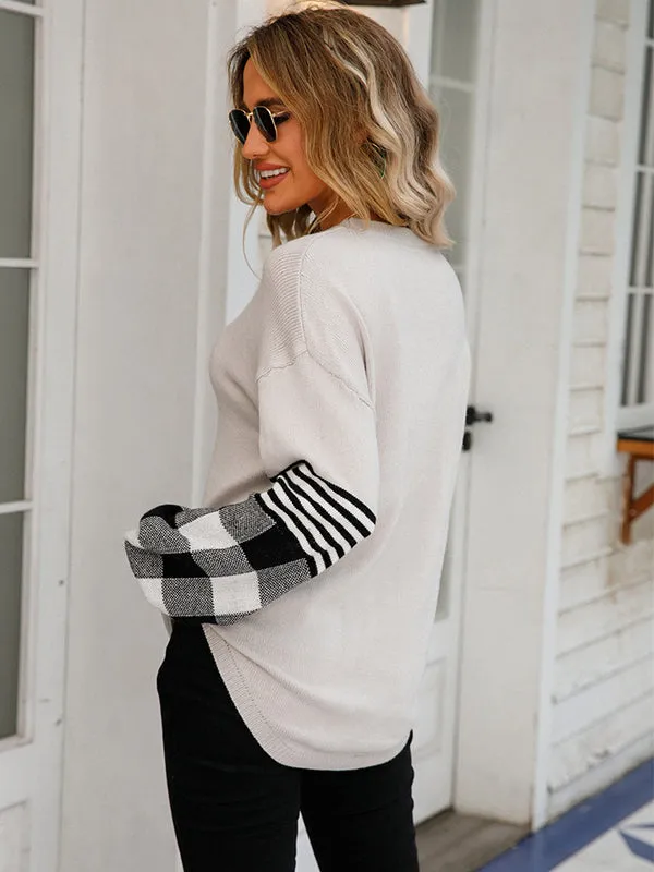 Casual Long Sleeves Loose Checkered Round-Neck Sweater Tops