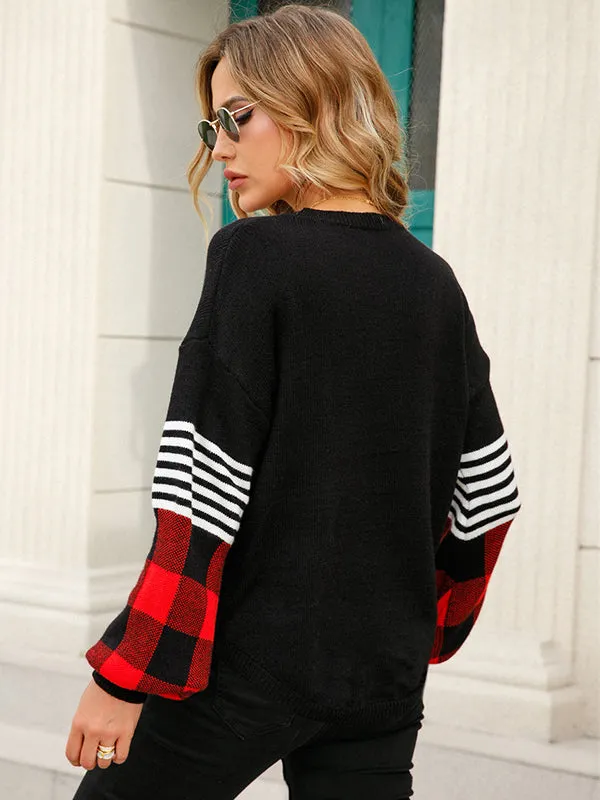 Casual Long Sleeves Loose Checkered Round-Neck Sweater Tops