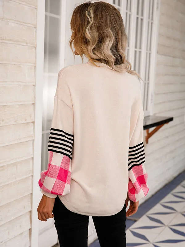 Casual Long Sleeves Loose Checkered Round-Neck Sweater Tops