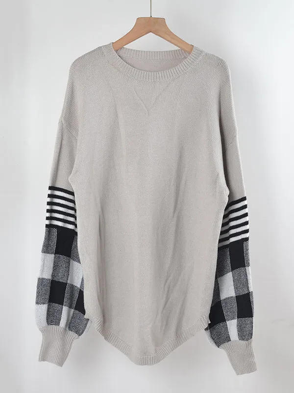 Casual Long Sleeves Loose Checkered Round-Neck Sweater Tops