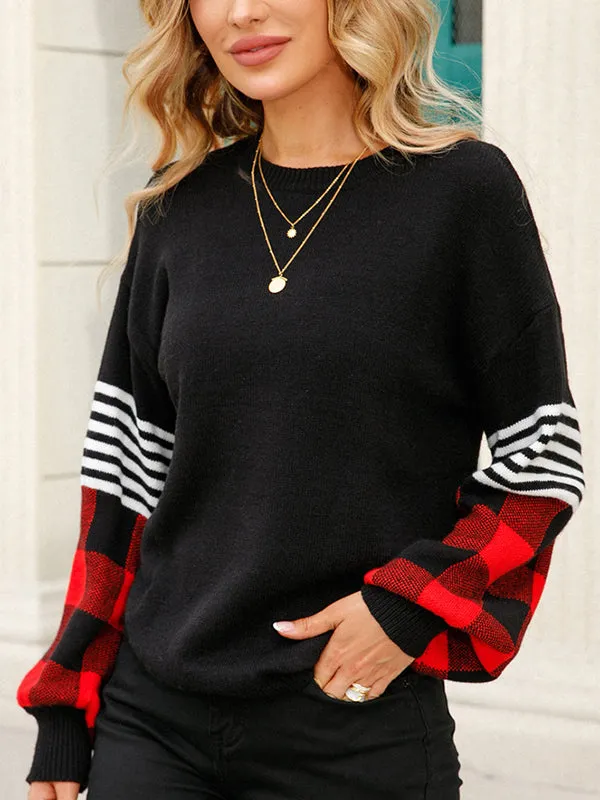 Casual Long Sleeves Loose Checkered Round-Neck Sweater Tops