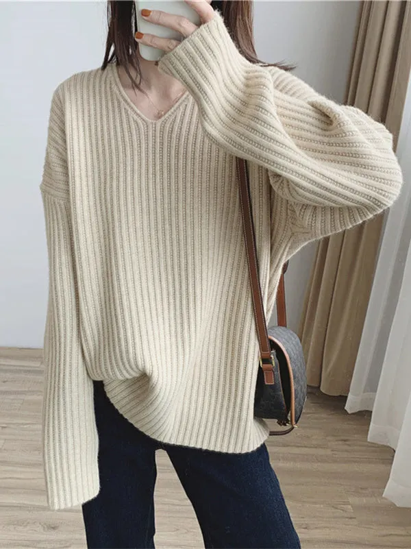 Casual Long Sleeves Loose Solid Color V-Neck Sweater Tops