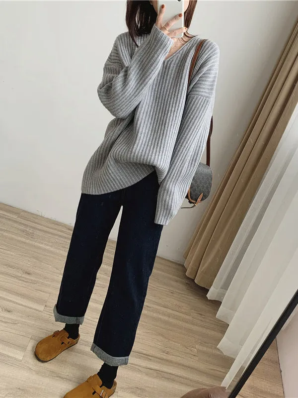 Casual Long Sleeves Loose Solid Color V-Neck Sweater Tops