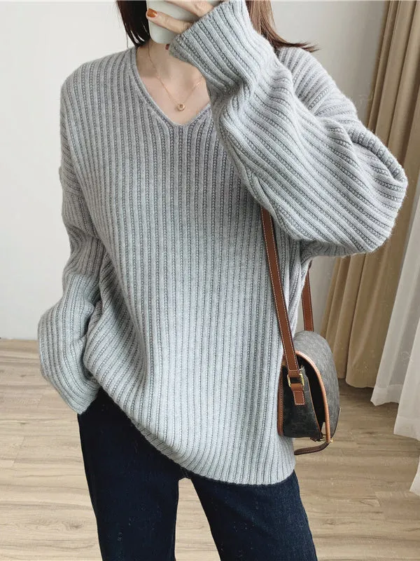 Casual Long Sleeves Loose Solid Color V-Neck Sweater Tops