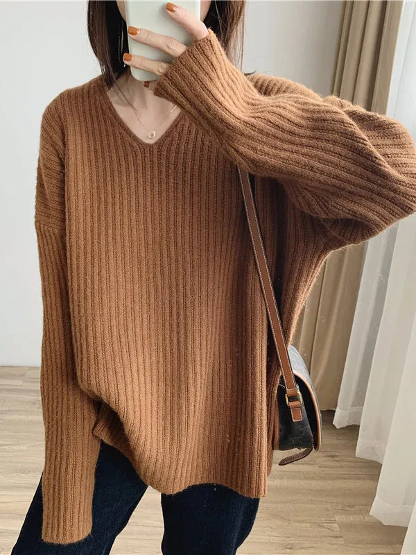 Casual Long Sleeves Loose Solid Color V-Neck Sweater Tops