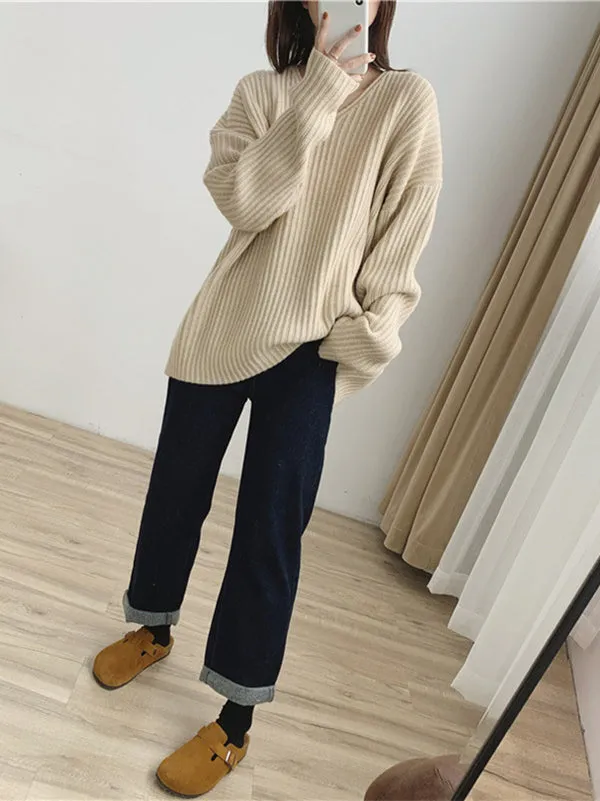 Casual Long Sleeves Loose Solid Color V-Neck Sweater Tops