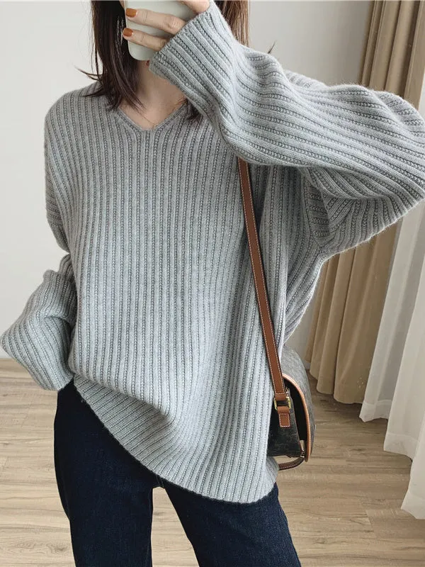 Casual Long Sleeves Loose Solid Color V-Neck Sweater Tops