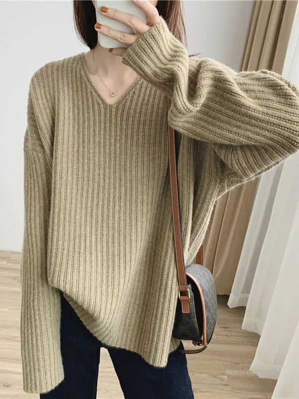 Casual Long Sleeves Loose Solid Color V-Neck Sweater Tops