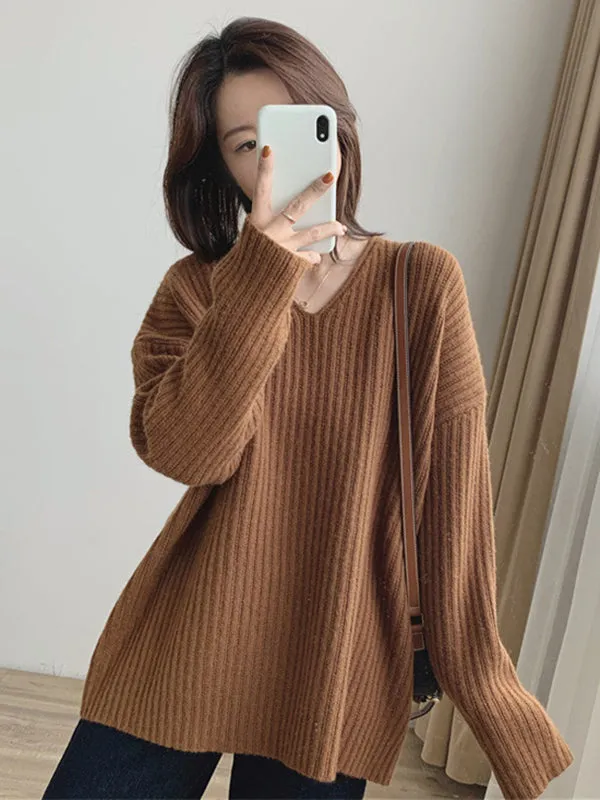 Casual Long Sleeves Loose Solid Color V-Neck Sweater Tops