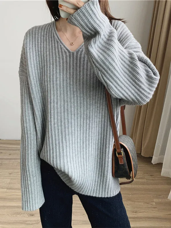 Casual Long Sleeves Loose Solid Color V-Neck Sweater Tops