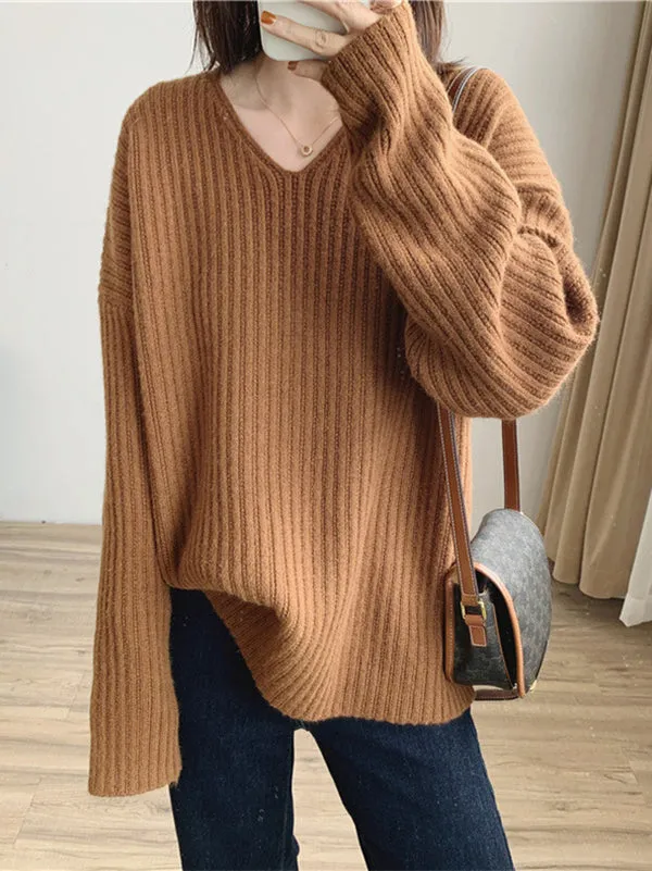 Casual Long Sleeves Loose Solid Color V-Neck Sweater Tops