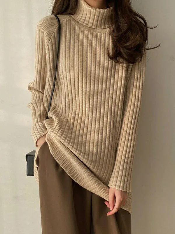 Casual Long Sleeves Loose Split-Side Solid Color High-Neck Sweater Tops