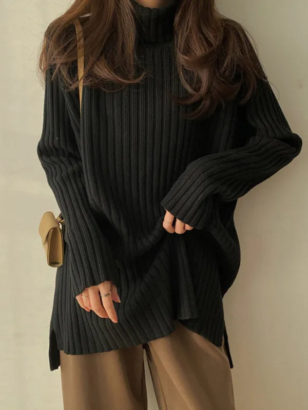 Casual Long Sleeves Loose Split-Side Solid Color High-Neck Sweater Tops