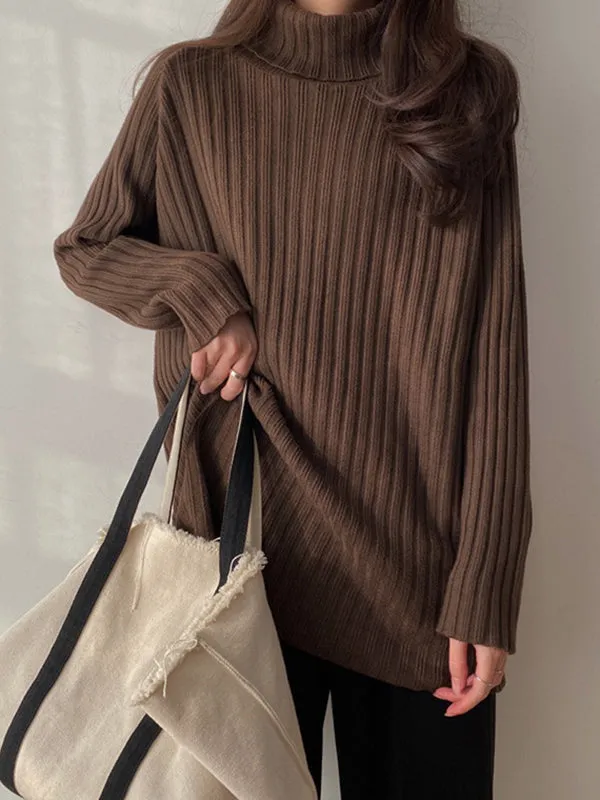 Casual Long Sleeves Loose Split-Side Solid Color High-Neck Sweater Tops