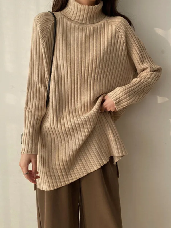 Casual Long Sleeves Loose Split-Side Solid Color High-Neck Sweater Tops