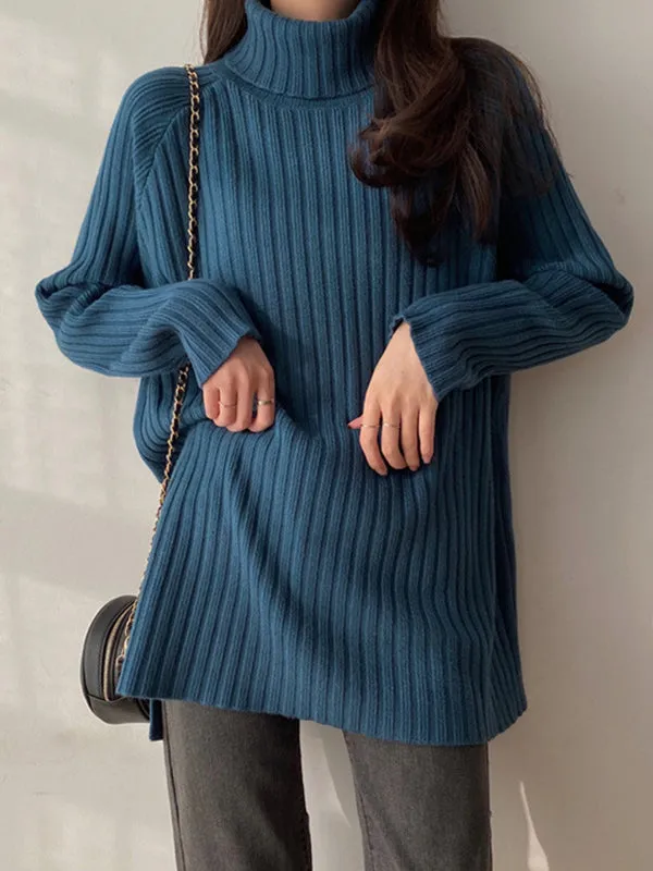 Casual Long Sleeves Loose Split-Side Solid Color High-Neck Sweater Tops