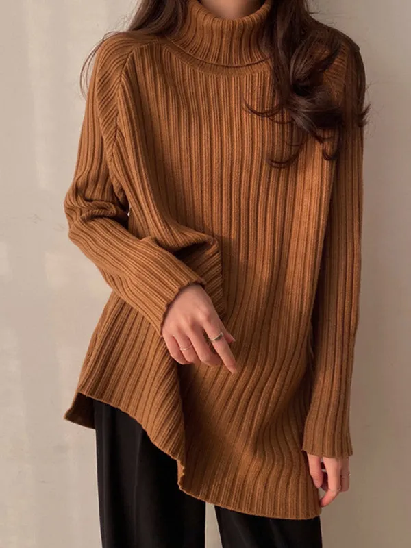 Casual Long Sleeves Loose Split-Side Solid Color High-Neck Sweater Tops