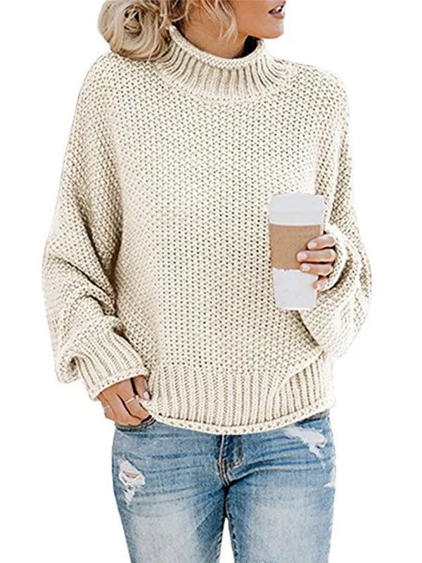 Casual Long Sleeves Solid Color High-Neck Sweater Tops