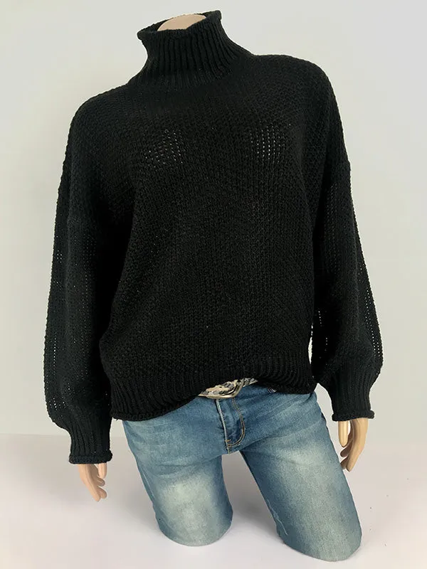 Casual Long Sleeves Solid Color High-Neck Sweater Tops