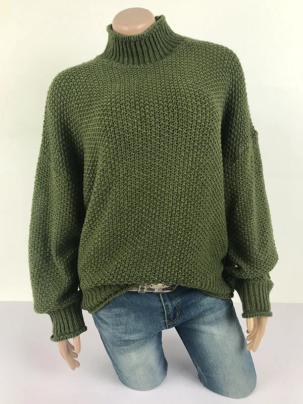 Casual Long Sleeves Solid Color High-Neck Sweater Tops