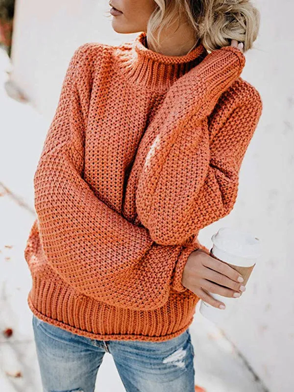 Casual Long Sleeves Solid Color High-Neck Sweater Tops