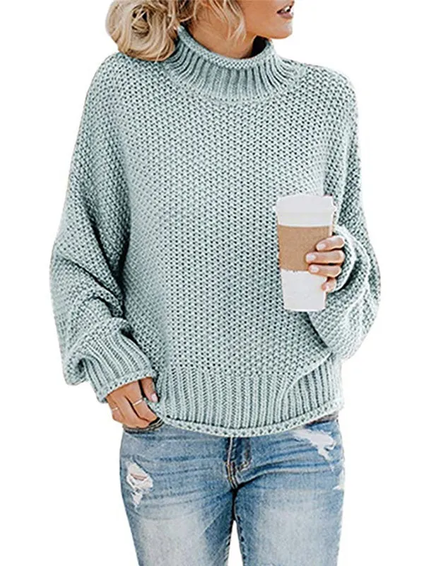 Casual Long Sleeves Solid Color High-Neck Sweater Tops