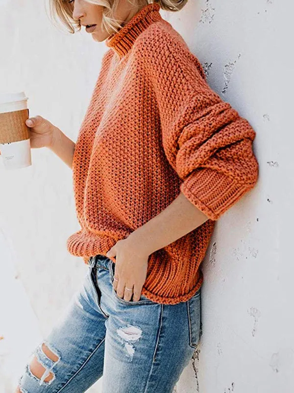 Casual Long Sleeves Solid Color High-Neck Sweater Tops