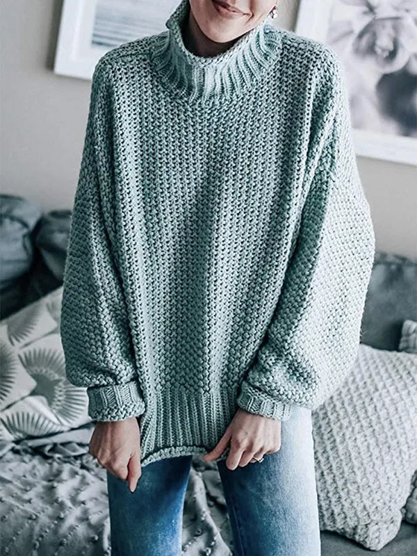 Casual Long Sleeves Solid Color High-Neck Sweater Tops