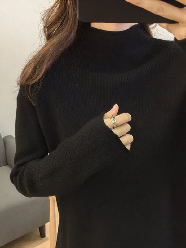 Casual Loose Long Sleeves Solid Color Half Turtleneck Sweater Tops